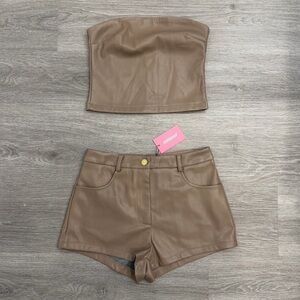 Edikted Chocolate Brown Faux Leather Strapless Top and Shorts Set